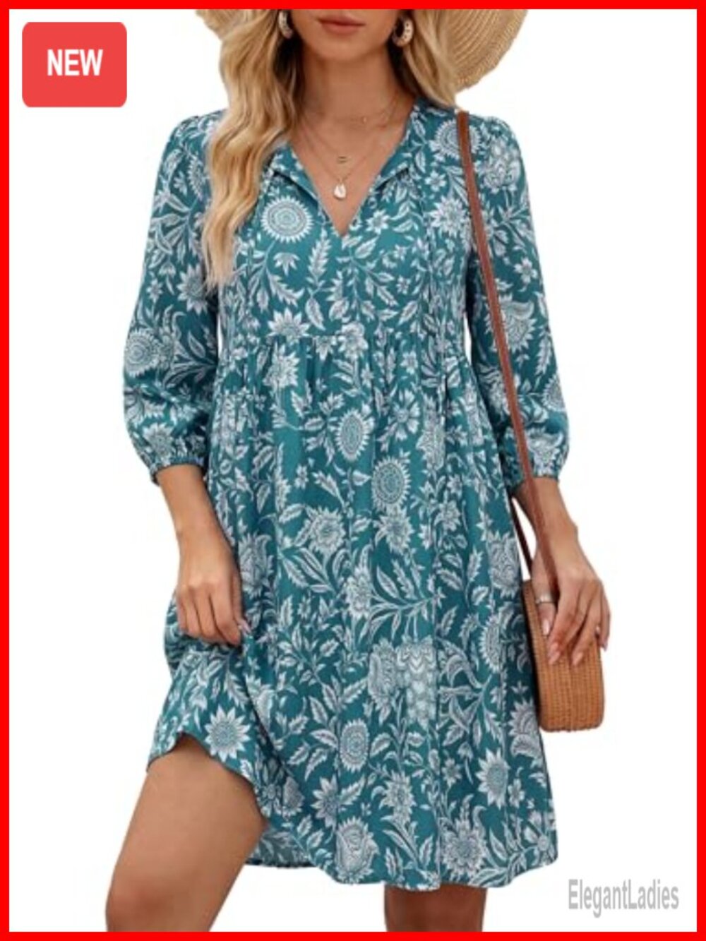 Women Boho Babydoll Mini Dress Tie V-Neck 3/4 Sleeve Lined Floral Beach